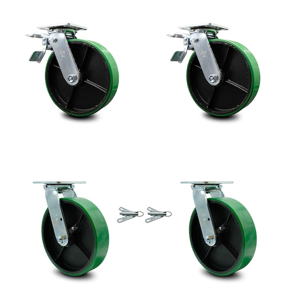 8 Inch Green Poly on Steel Caster Set with Roller Bearings 2 Brake 2 Swivel Lock